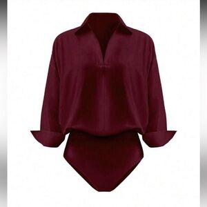 SHEIN Burgundy Long Sleeve V-Neck Buttonless Bodysuit